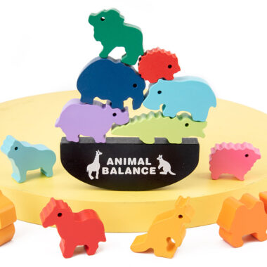 Colorful Wooden Zoo Animal Stacking Blocks with Balance Beam Toy