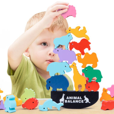 Colorful Wooden Zoo Animal Stacking Blocks with Balance Beam Toy