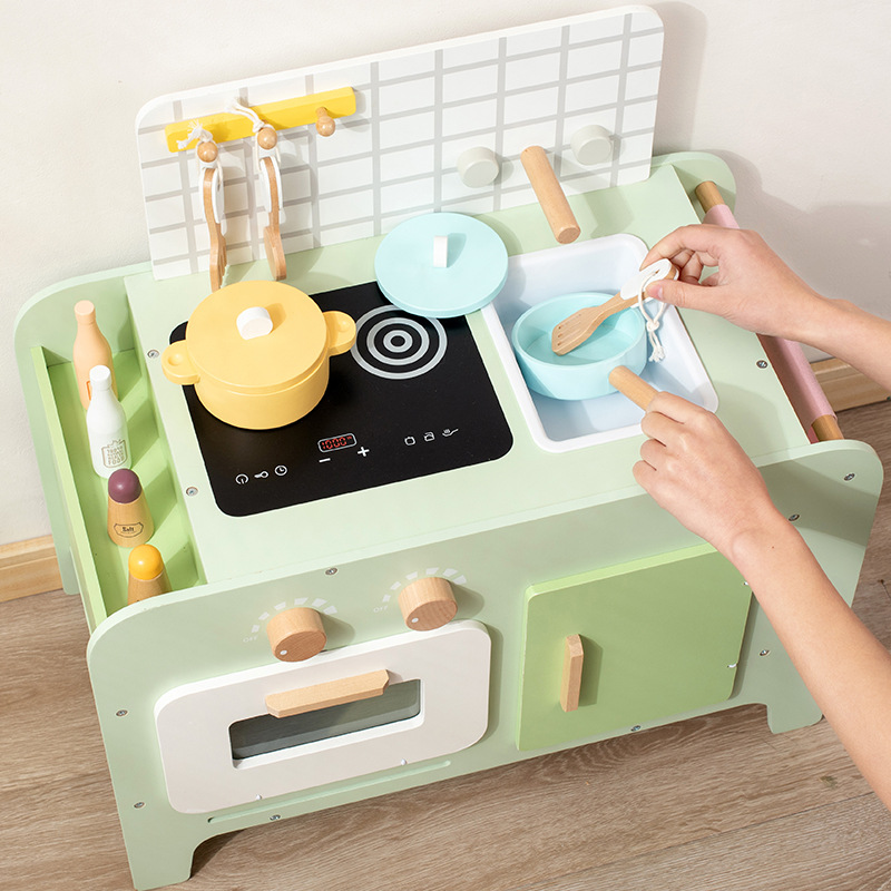 Wooden Play Kitchen Set with Dishwasher and Cooking Station for Kids