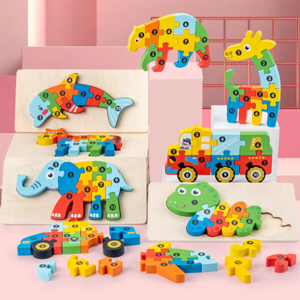 Wooden 3D Puzzle Blocks for Toddlers with Animal and Transport Themes