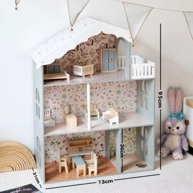 Wooden Nordic Style 3-Story Dollhouse with Lights for Girls