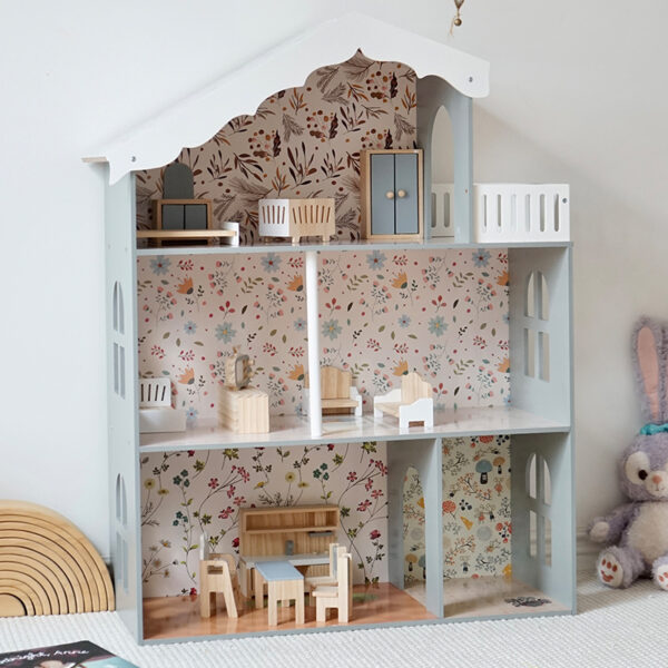 Wooden Nordic Style 3-Story Dollhouse with Lights for Girls
