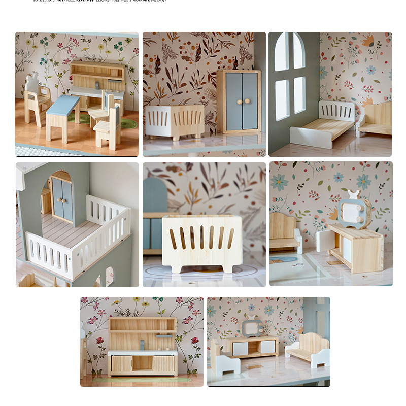 Wooden Nordic Style 3-Story Dollhouse with Lights for Girls