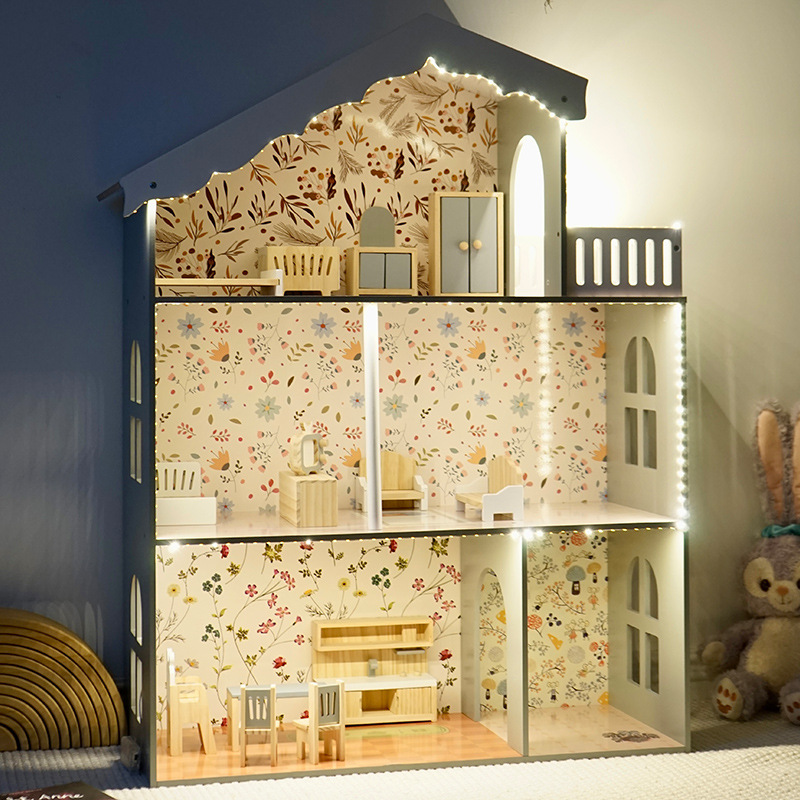 Wooden Nordic Style 3-Story Dollhouse with Lights for Girls