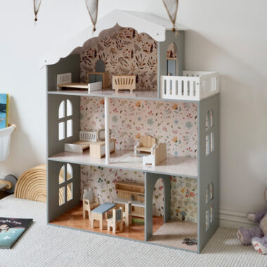 Wooden Nordic Style 3-Story Dollhouse with Lights for Girls