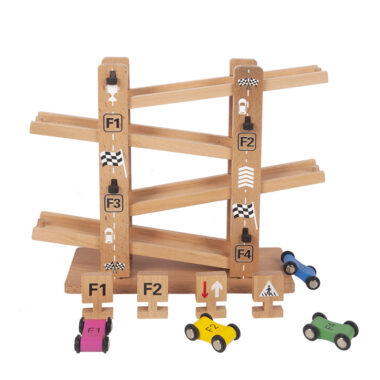 Beech Wood Inertia Slide Car Toy for Toddlers with Track Playset
