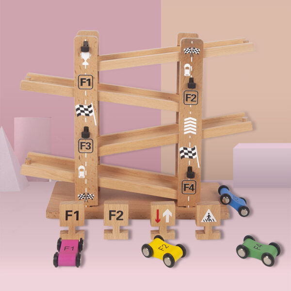Beech Wood Inertia Slide Car Toy for Toddlers with Track Playset