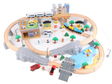 Electric Wooden Train Toy with Track and Interactive Assembly Model