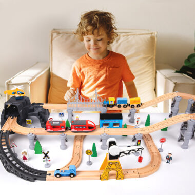 Electric Wooden Train Toy with Track and Interactive Assembly Model