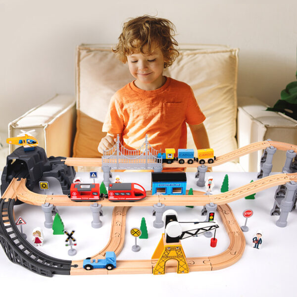 Electric Wooden Train Toy with Track and Interactive Assembly Model